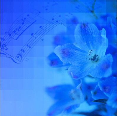 Blue funeral flowers with sheet music in the background.
