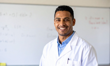 Man in a lab coat smiling.
